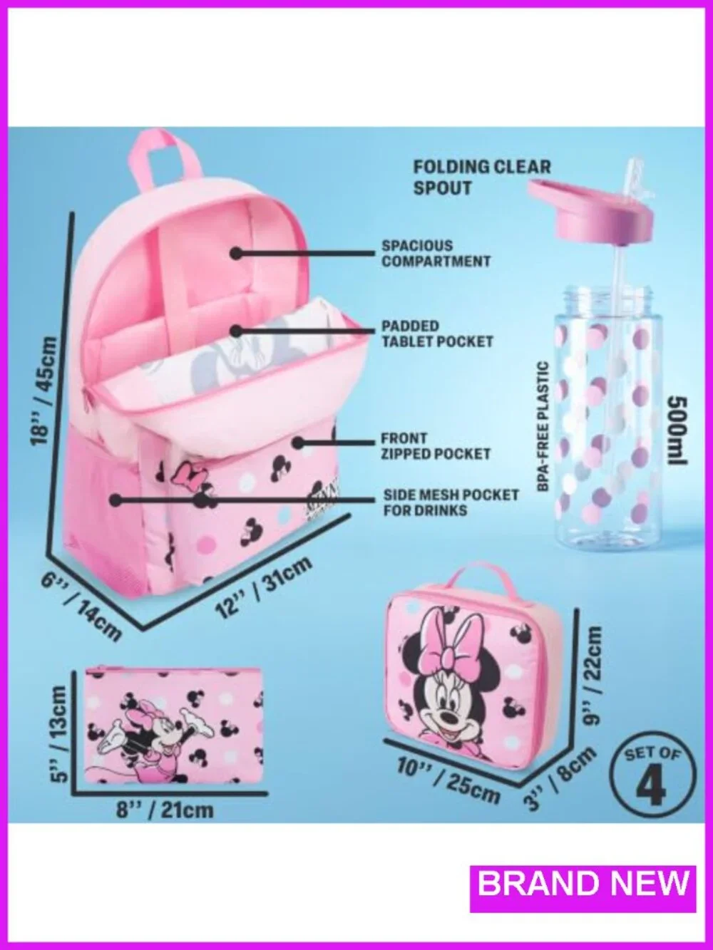 Kids Backpack 4-Piece Set - Lunch Bag Pencil Case Water Bottle School Travel